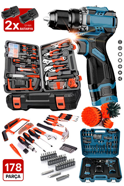 PROXTECH Kömürsüz PRO Motor 178 Parça Takım Seti 2 Akülü Matkap