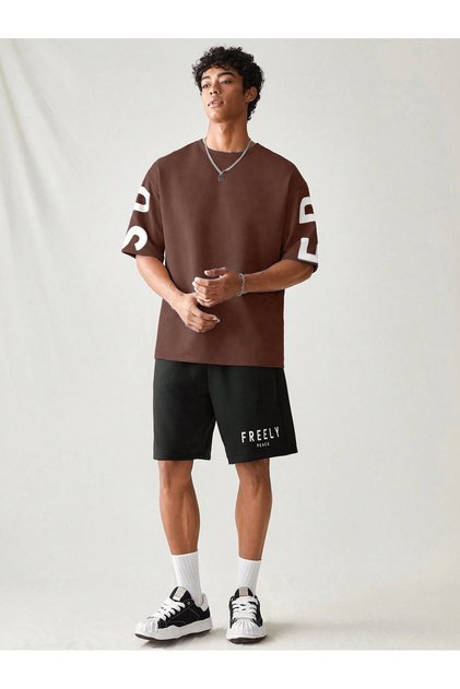 Men's Freely Printed Special Design Oversize Tshirt and Shorts Bottom-Top Set