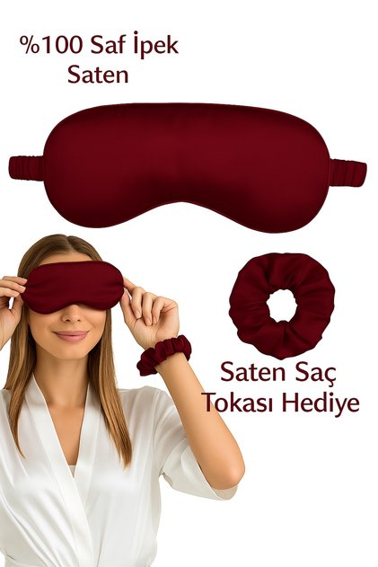 Bordo Saten Uyku Gözlüğü Göz Bandı Uyku Bandı