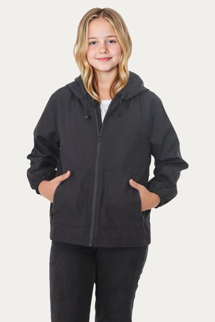 Girl's Black Lined Waterproof and Windproof Hooded Raincoat with Double Zipper Pockets