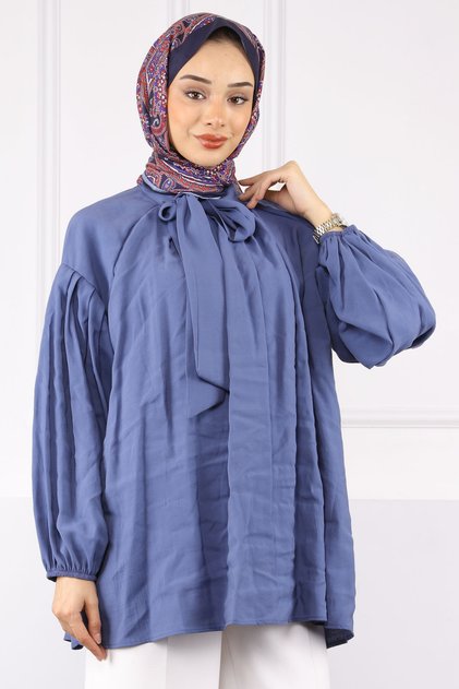 İndigo Yaka Detaylı Balon Kol Tunik