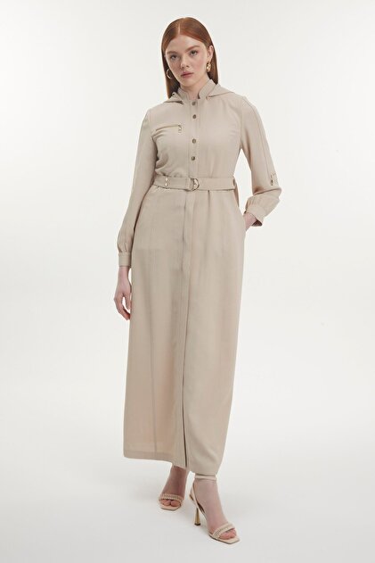 Zühre Kapüşonlu Fermuar Detaylı Kuşaklı Bej Pardesü 13785 - Fiyatı