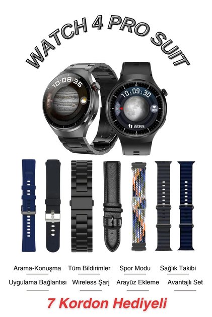 Watch 4 Pro Suıt 7 Kordon Hediyeli Yuvarlak Ekranlı Tüm Telefonlara Uyumlu Akıllı Saat Smart Watch