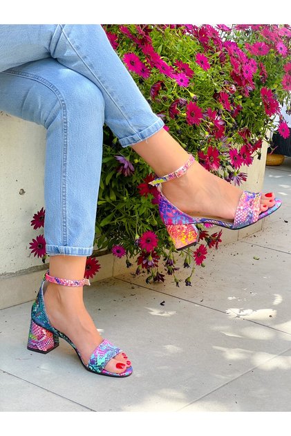 Eliza Colorful Satin Snake Skin Detailed Strap Heel Shoes Sandals