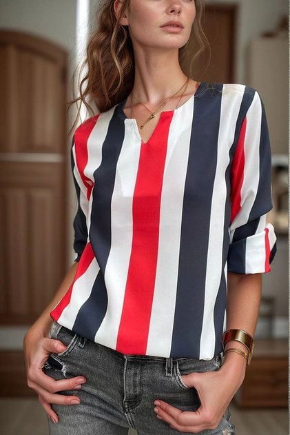 Red and White Collared Blouse Slit Crepe