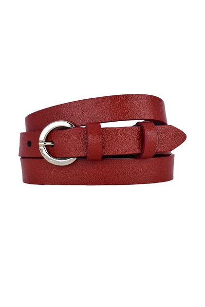 100% Genuine Leather, Thin 2 cm Red Women's Belt with Silver Color Buckle; Dress, Trouser Belt Kilit_G