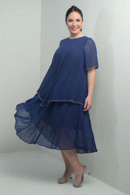 Women's Short Flounce Sleeve Lined Stone Detailed Large Size Chiffon Midi Dress
