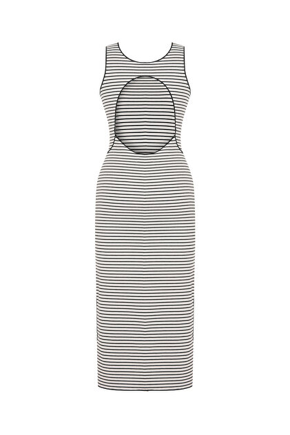 Mudo Women's Black Striped Sleeveless Tight Midi Dress with Back Detail-  Trendyol