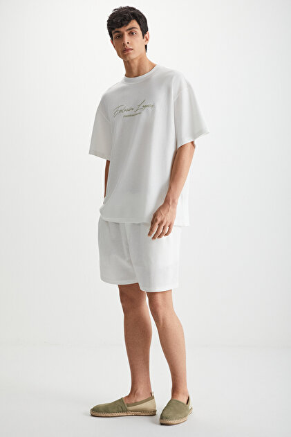 GRIMELANGE RAMADANP012 Men's 100% Cotton waffle Ecru Shorts- Trendyol