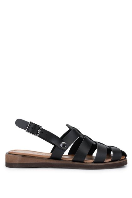 Women's Genuine Leather Black Leather Flat Sandals