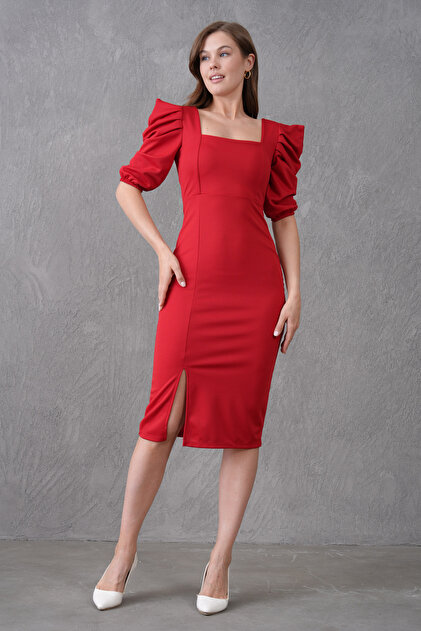 bar sln lovebox Flexible Fabric Square Neck Midi Length Short Sleeve Red  Evening Dress and Graduation Dress 026- Trendyol