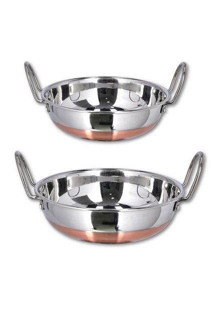 2 Set Stainless Steel Copper Bottom Deep frying Kadai 1 x 21cm, 1 x 23cm