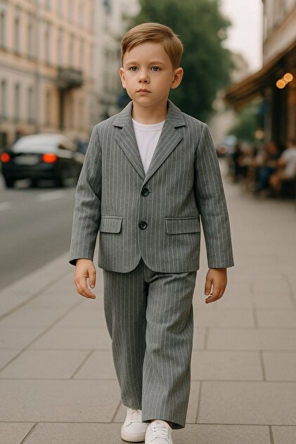 Boy's Light Gray Striped Eid Suit