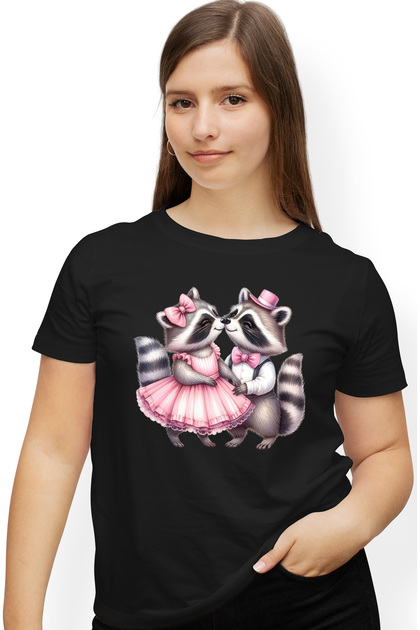 Tricou Femei cu 2 ratoni, ilustratie, rochita roz, palarie, funda, iubire, relat BLK_L,STG63374
