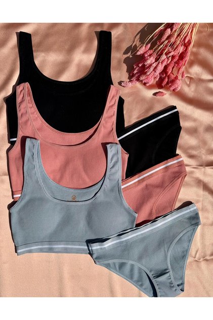 Elosia 3-Piece Blue, Black and Dusty Rose Color, Padded, Ribbed, Strappy Half Tank Top and Slip Panty Set