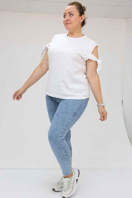 9184-11 Large Size Elastic Waist Skinny Leg Long Jeans - Snow Wash Blue