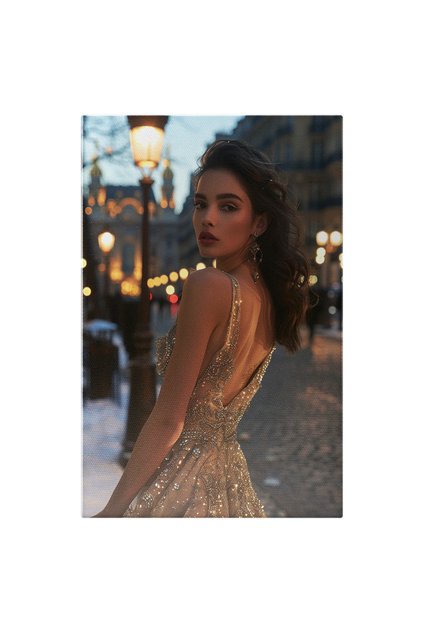 Tablou Canvas: Petrecerea Splendoarei Femeie În Rochie Strălucitoare Pe Stradă Pavată Pictura D