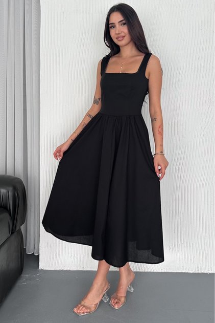 Women's Black Strappy Pocket Cotton Dress