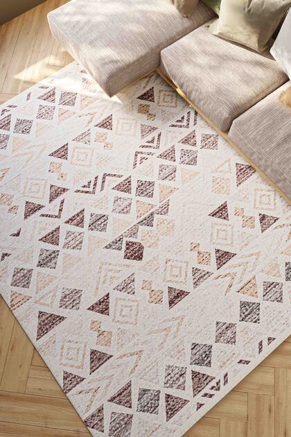 Geometric Patterned Washable Non-Slip Base Chenille Cream Brown Kitchen Carpet 8310
