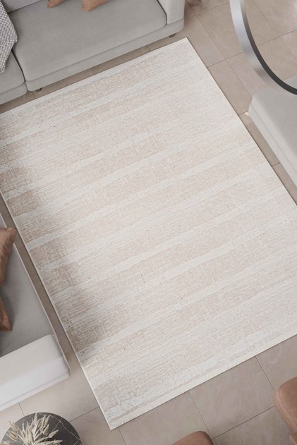 Abstract Line Patterned Washable Non-Slip Base Chenille Carpet Beige White Kitchen Runner 8367