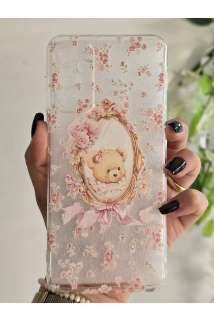 Transparent Phone Case with Cute Teddy Bear and Flower Pattern Compatible with Samsung Galaxy M13 / M23