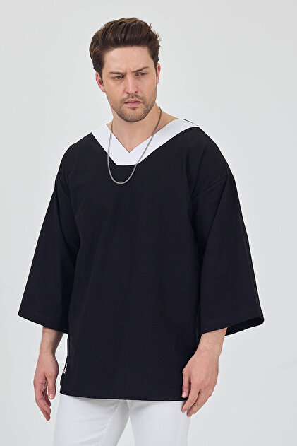 V-Neck 4/3 Sleeve White Piping Oversize T-Shirt Drop Shoulder