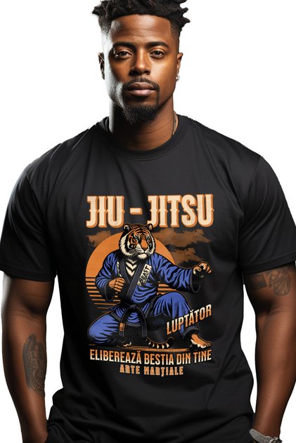 Tricou Barbati Tigru Jiu-jitsu Arte Martiale. Elibereaza Bestia Cu Imprimeu Pe Fata, 100% Stg