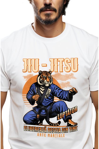 Tricou Barbati Tigru Jiu-jitsu Arte Martiale. Elibereaza Bestia Cu Imprimeu Pe Fata, 100% Stg