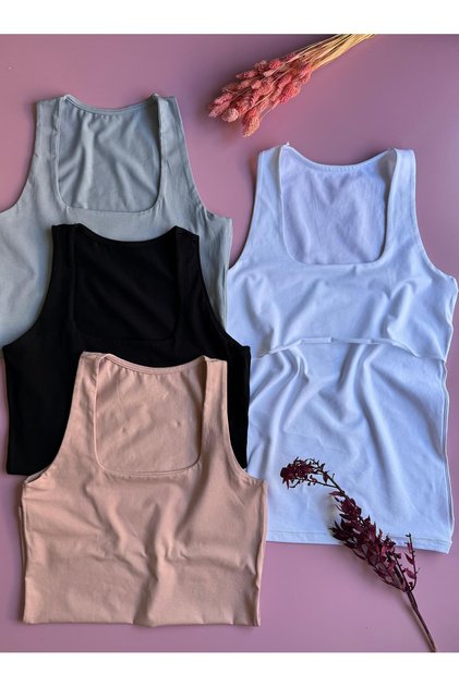 Kare Yaka, 4'lü Pamuklu Astarlı, Pudra, Mavi, Siyah ve Beyaz Kolsuz Kadın T-shirt Bluz