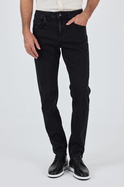Black Gabardine 5 Pocket Straight Leg Casual Slim Fit Cotton Denim Trousers 1023250152