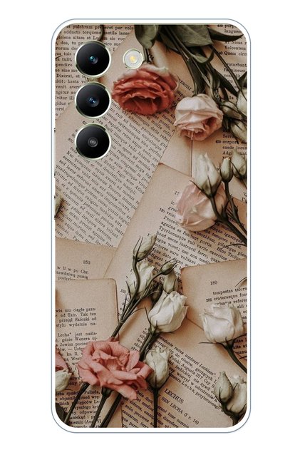 جراب من السيليكون الشفاف بتصميم ورود الصحف الرجعية المتوافق مع Vivo V30 Lite
