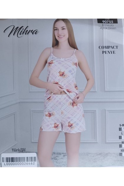 MİHRA 210-05-25 طقم بيجامة نسائي بحزام حبل وشورت مدمج من القطن الممشط 90755 SM-L-XL 2XL