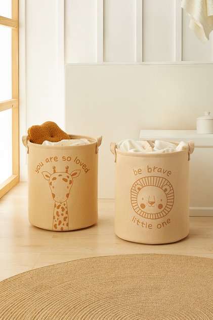 2-Piece Kids Room Jute Linen Toy Organizer Multi-Purpose Dirty Basket, Storage Basket 33X40