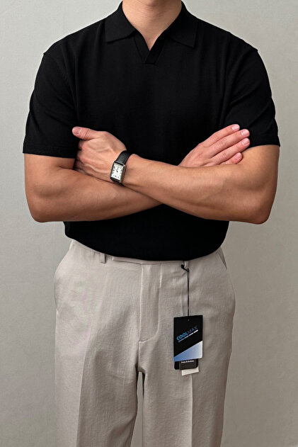 Men's Black Placket Short Sleeve Polo Neck Knitwear T-Shirt