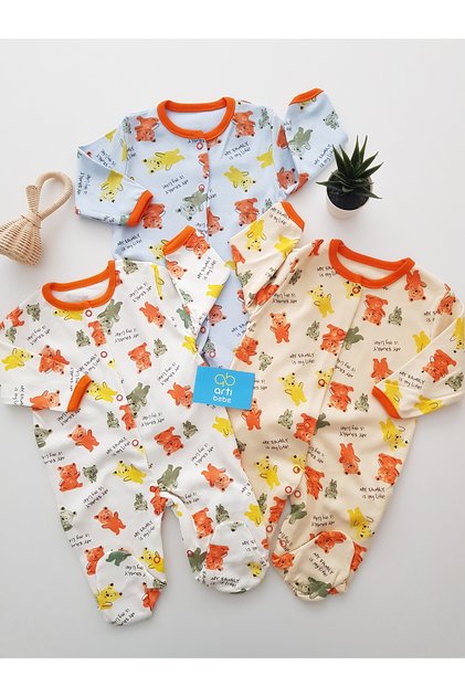 Teddy Bear Patterned Long Sleeve Snap Fastener 3-Piece Baby Romper Set | 100% Cotton | Newborn Daily Clothing