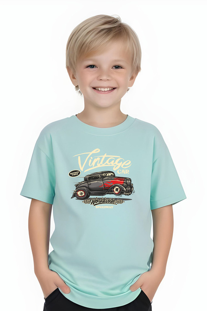 Boys Round Neck Intage Car Printed T-Shirt
