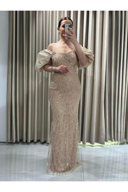Kaleii Yldzlar Gold boat neckline beading embroidered fish model evening  dress 5417- Trendyol