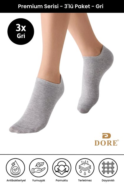 Orijinal Unisex 3 Çift Doğal Pamuklu Konfor Modeli Spor Ayakkabı İçin Ayaktan Çıkmayan Nefes Alan Terletmeyen Dikişsiz Lastiksiz Esnek Kısa Bilek Altı Görünmez Sneaker Patik Çorap - 3 Adet Gri