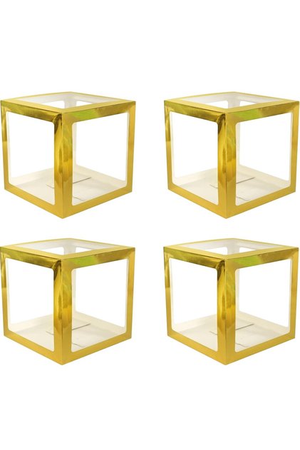 4 cutii pentru baloane, pliabile, pentru ziua de naștere, cuburi din plastic, 30 x 30 cm, contur auriu transparent
