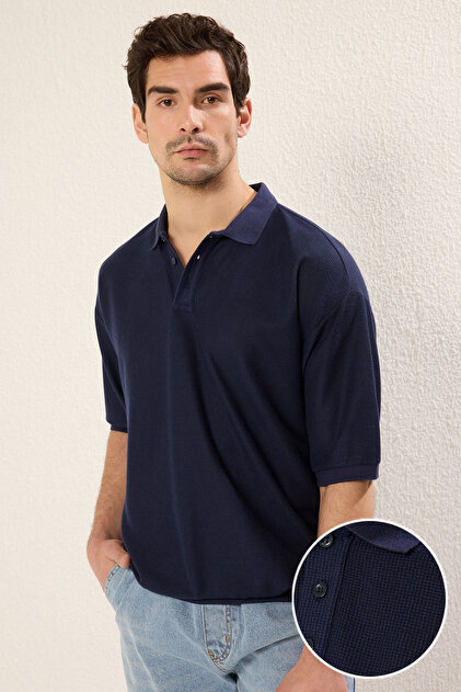 Trendyolmilla Man Lacivert Oversize/Geniş Kesim Dokulu Polo Yaka T