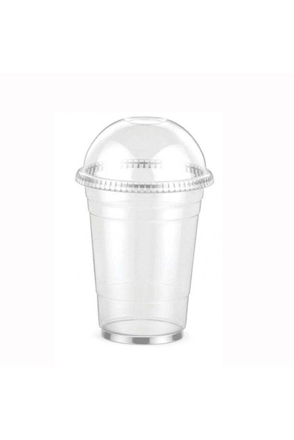 Set of plastic cold drink cups with round lids