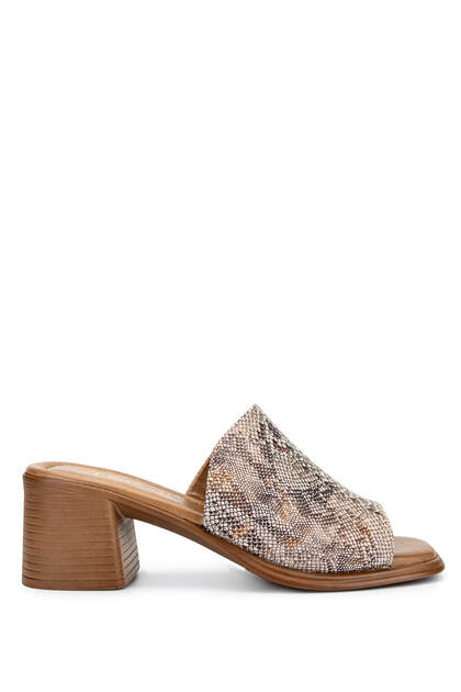 Women's Genuine Leather Beige Heeled Slippers