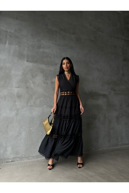 Women's Black Soft Touch Premium Crepe Fabric Guipure Lace Detail Dress Njjennyelb1