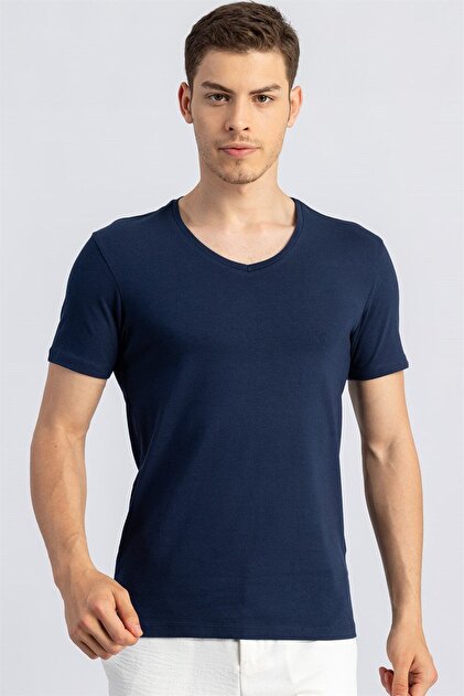 Men's Slim Fit Slim Fit Cotton Soft Textured Lycra Stretch Fabric Plain Basic Indigo V-Neck T-Shirt