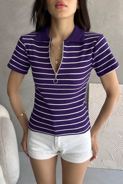 Women's Purple White Half Zipper Polo Neck Ribbed Knitted Blouse