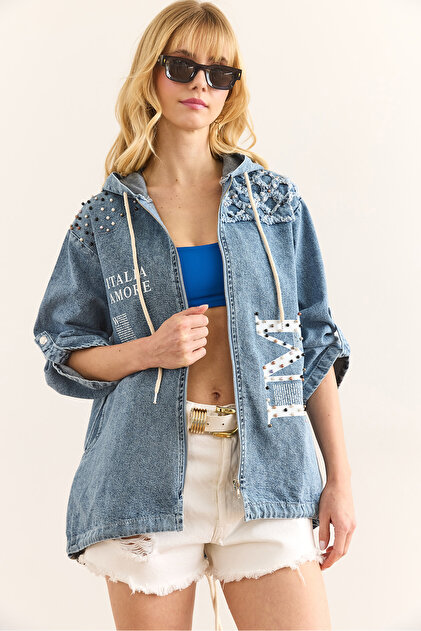 Olalook Women's Light Blue Pocketed Hooded Paneled Oversized Denim