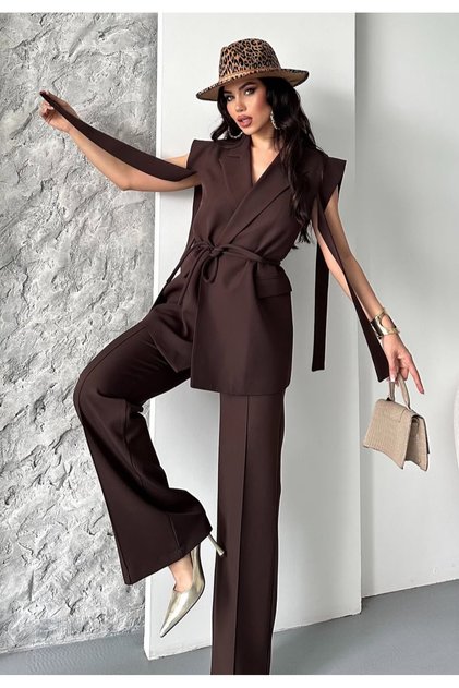 Women's Tie-Up Vest Trousers Suit Brown