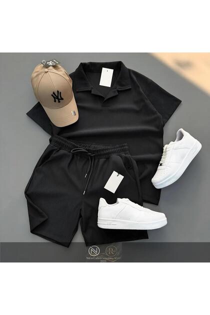 Ribbed Ottoman Premium Fabric Polo Collar Unisex T-Shirt and Shorts Set