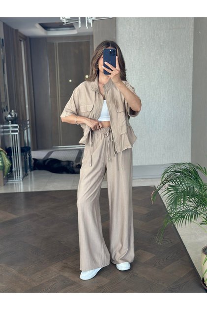 Belden Bağcıklı Kısa Kollu Vizon Ceket Pantolon Takım