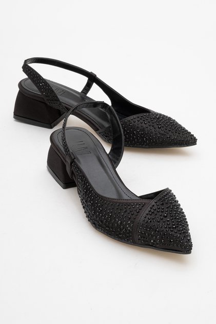 Sella Black Satin Stone Women's Short Heeled Shoes